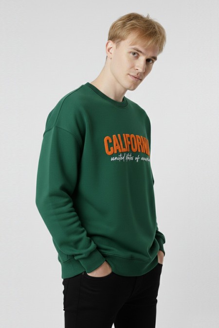 Erkek Yeşil Oversize Bisiklet Yaka California Nakış Baskılı Pamuklu Sweatshirt