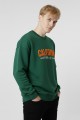 Erkek Yeşil Oversize Bisiklet Yaka California Nakış Baskılı Pamuklu Sweatshirt