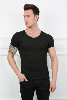 Erkek Siyah Kırçıllı Kumaşlı Yuvarlak Yaka Slim Fit Esnek Kısa Kollu Günlük Tişört