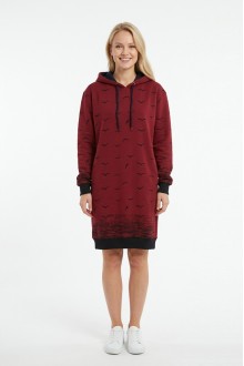 Kadın BordoMartı Desenli Kapüşonlu Cepli Uzun Kollu Jakarlı İnterlok Penye Sweatshirt Elbise 