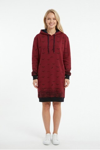 Kadın BordoMartı Desenli Kapüşonlu Cepli Uzun Kollu Jakarlı İnterlok Penye Sweatshirt Elbise 