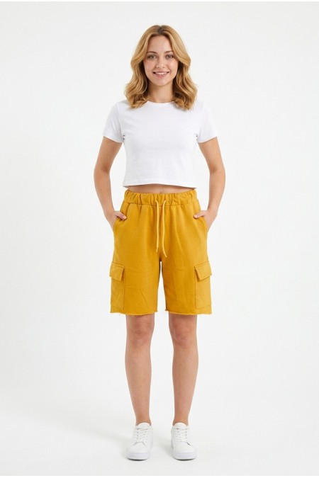 Bayan Kargo Cepli Pamuklu Bağcıklı ve Esnek Belli Rahat Günlük Yazlık Penye Şort Kapri