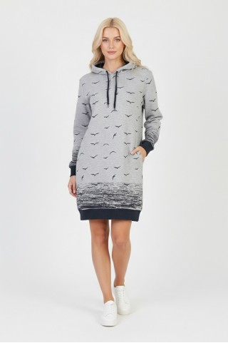 Kadın Gri Martı Desenli Kapüşonlu Cepli Uzun Kollu Jakarlı İnterlok Penye Sweatshirt Elbise