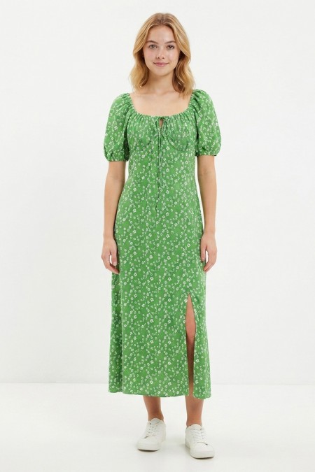 Kadın Çiçek Desenli Kare Yaka Kısa Kollu Göğüs Büzgülü Yırtmaç Detaylı Yazlık Şık Model Elbise 