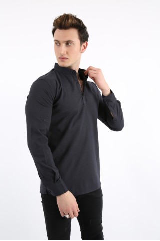 Hakim Yaka Likralı Lacivert Gömlek