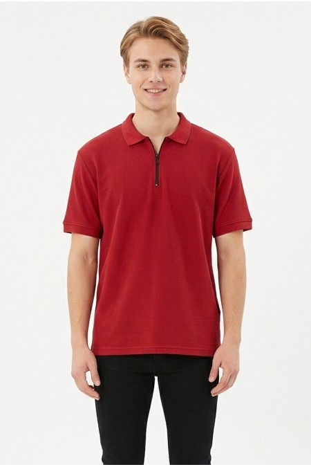 Erkek Fermuar Detaylı Polo Yaka Kısa Kollu Dokulu Slim Fit Örme Tişört