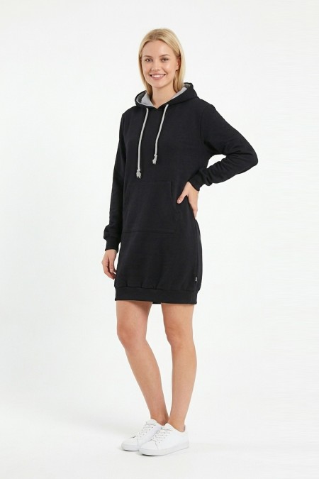 Kadın Siyah Kapüşonlu Kanguru Cep Detaylı Uzun Kollu  Sweatshirt Tunik Elbise