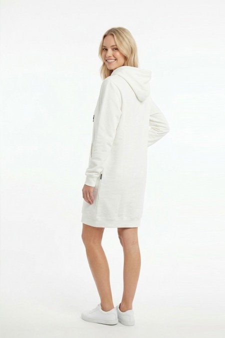 Kadın Beyaz Kapüşonlu Kanguru Cep Detaylı Uzun Kollu  Sweatshirt Tunik Elbise