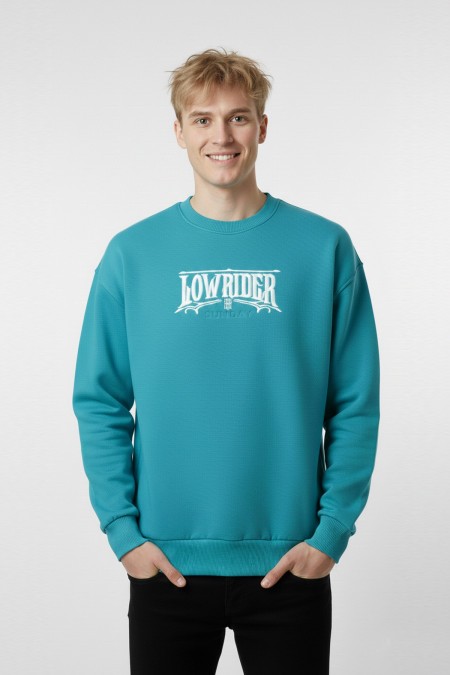 Erkek Yeşil Oversize Lowrider Sunday Nakışlı Bisiklet Yaka Pamuklu Sweatshirt