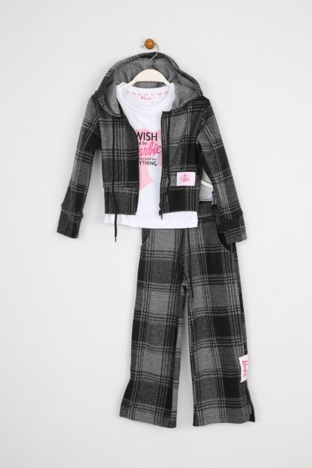 Şardonlu Pamuklu Jakar Kumaş Kareli 3 lü Gri Takım