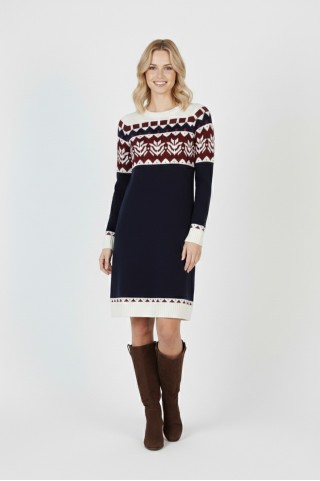 Kadın Lacivert Desenli Bisiklet Yaka Uzun Kollu Jakarlı Triko Kazak Elbise