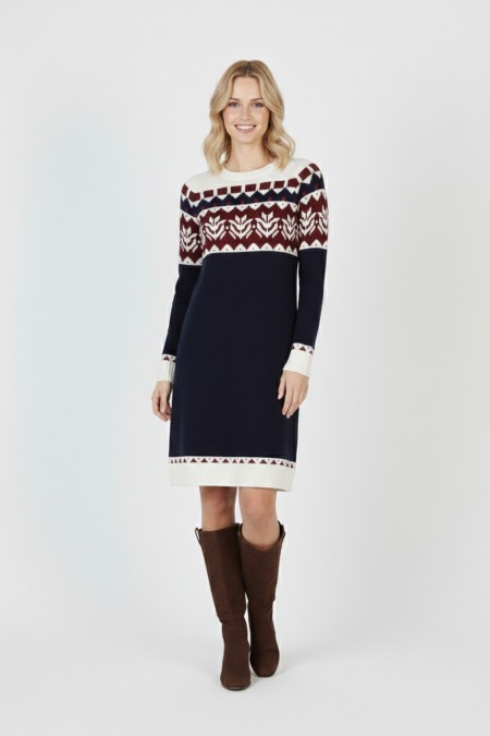 Kadın Lacivert Desenli Bisiklet Yaka Uzun Kollu Jakarlı Triko Kazak Elbise