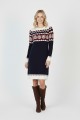 Kadın Lacivert Desenli Bisiklet Yaka Uzun Kollu Jakarlı Triko Kazak Elbise