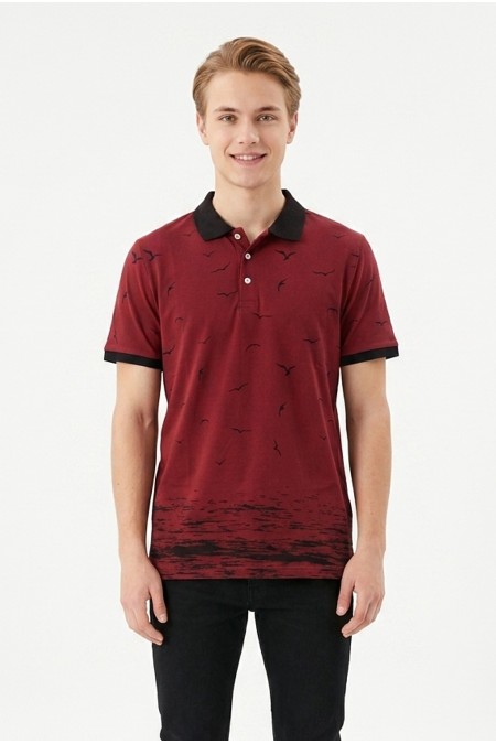 Erkek Martı Desenli Garnili Polo Yaka Kısa Kollu Slim Fit Pamuklu Tişört
