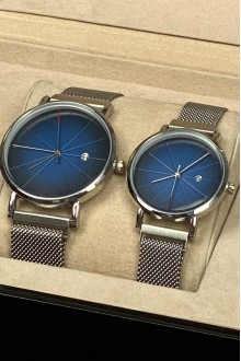 Mıknatıslı Hasır Gri Kordon Mavi Kadran Sevgili Saatleri