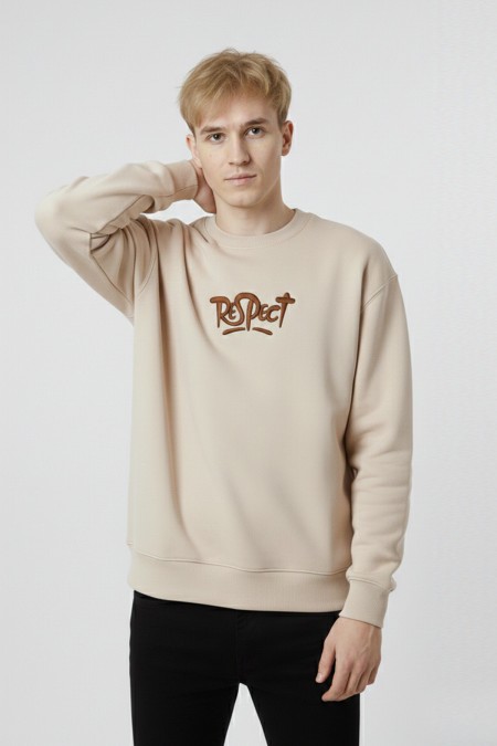 Erkek Bej Oversize Bisiklet Yaka Kabartma Baskılı Pamuklu Sweatshirt
