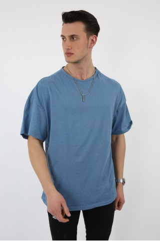 Sıfır Yaka Oversıze Koyu Mavi Tişört