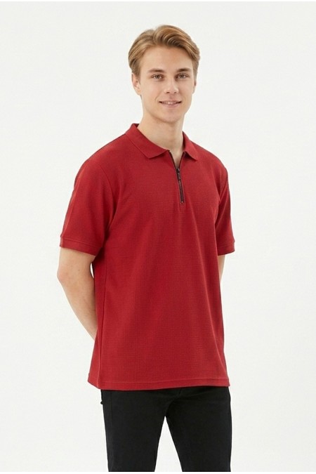 Erkek Fermuar Detaylı Polo Yaka Kısa Kollu Dokulu Slim Fit Örme Tişört