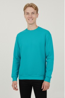 Erkek Turkuaz Mavisi Oversize Bisiklet Yaka Basic Pamuklu Üç İplik Şardonlu Sweatshirt