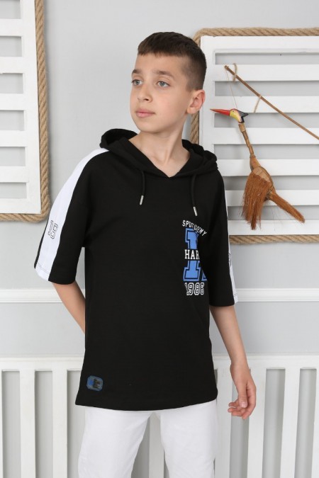 Kapşonlu 100% Cotton Baskılı Siyah Tişört