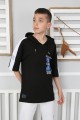 Kapşonlu 100% Cotton Baskılı Siyah Tişört