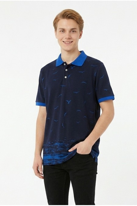 Erkek Martı Desenli Garnili Polo Yaka Kısa Kollu Slim Fit Pamuklu Tişört