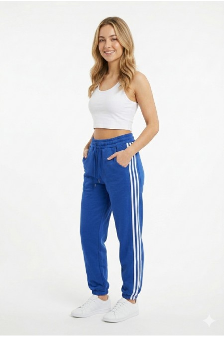 Bayan İki İplik Üç Çizgili Rahat Kesim Lastik Paçalı Cepli Günlük Spor Giyim Alt Eşofman