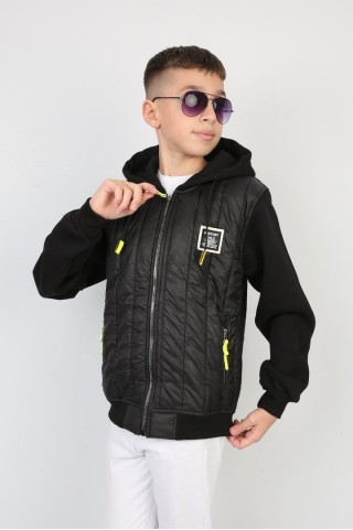 Üç İplik Kapşonlu Fermuarlı Baskılı Siyah Yeşil Sweat