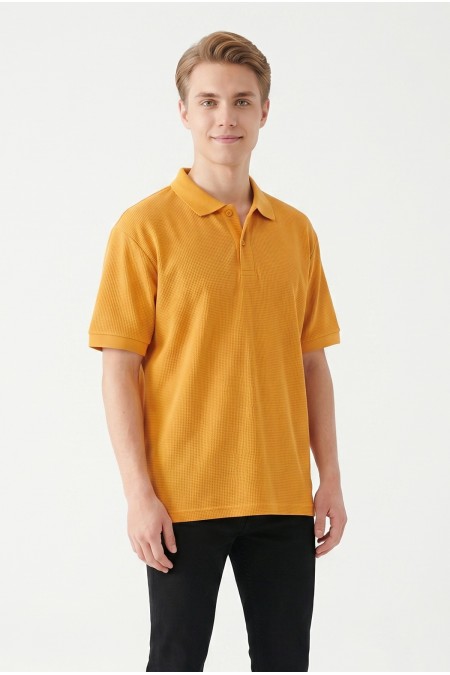 Erkek Kendinden Desenli Polo Yaka Kısa Kollu Slim Fit Dokulu Örme Tişört
