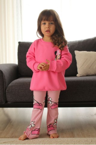 Üç İplik Şardonlu Baskılı Pembe Takım 