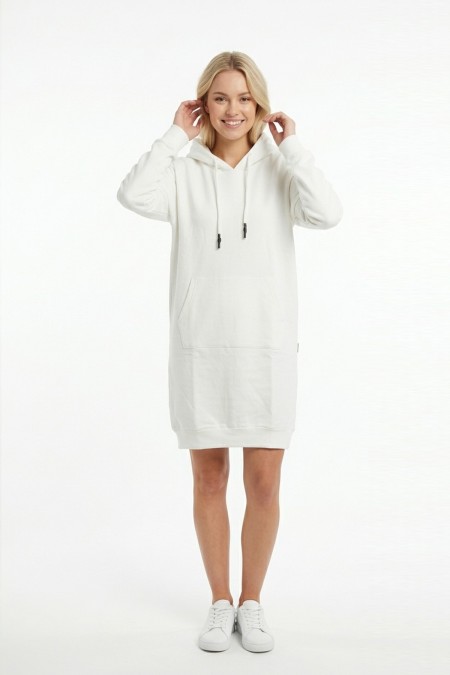 Kadın Beyaz Kapüşonlu Kanguru Cep Detaylı Uzun Kollu  Sweatshirt Tunik Elbise