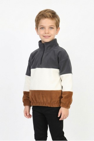 Erkek Çocuk Full Polar Kumaş Yarım Fermuarlı Garnili Günlük Sweatshirt