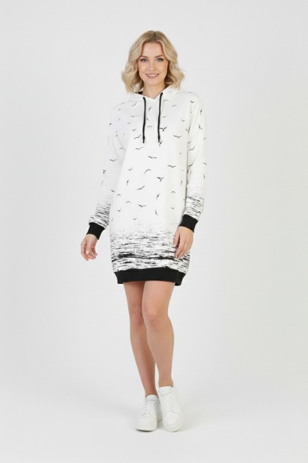 Kadın Beyaz Martı Desenli Kapüşonlu Cepli Uzun Kollu Jakarlı İnterlok Penye Sweatshirt Elbise