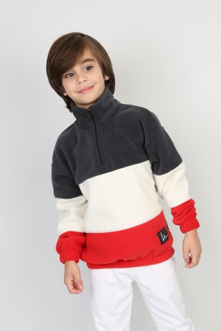 Full Polar Kumaş Yarım Fermuarlı Garnili Füme Beyaz Sweat