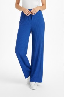 Kadın Saks Mavi Yüksek Bel Fitilli Örme Bağcıklı Esnek Likralı Geniş Paça Pantolon