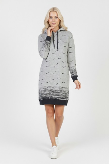 Kadın Gri Martı Desenli Kapüşonlu Cepli Uzun Kollu Jakarlı İnterlok Penye Sweatshirt Elbise
