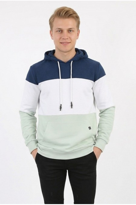 Erkek Üç İplik Şardonlu Kapüşonlu Parçalı Kanguru Cepli Günlük Sweatshirt