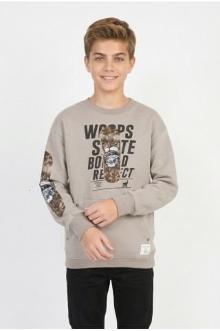 Erkek Çocuk Üç İplik Şardonlu Ön Ve Kol Baskılı Kanguru Cepli  Günlük Sweatshirt