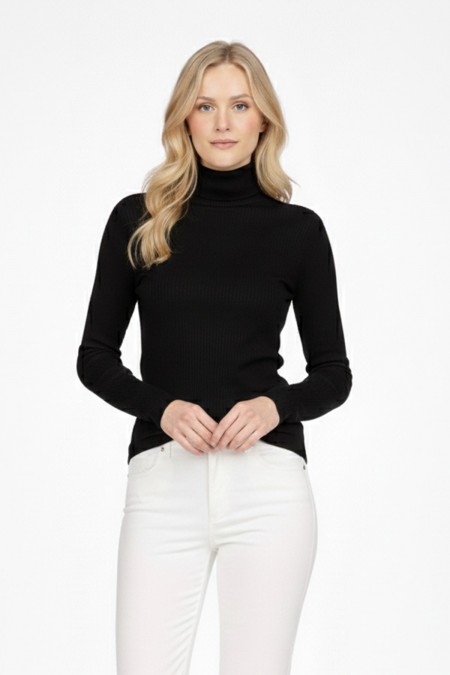 Kadın Siyah Balıkçı Yaka Uzun Kollu Fitilli Slim Fit Şık Günlük Triko Body