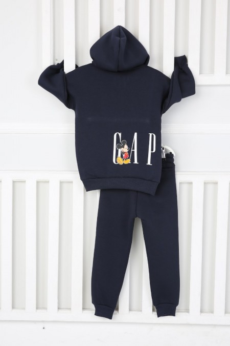 Üç İplik Şardonlu Kapşonlu Baskılı Lacivert Takım 