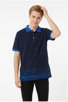Uniseks Martı Desenli Garnili Polo Yaka Kısa Kollu Slim Fit Pamuklu Tişört