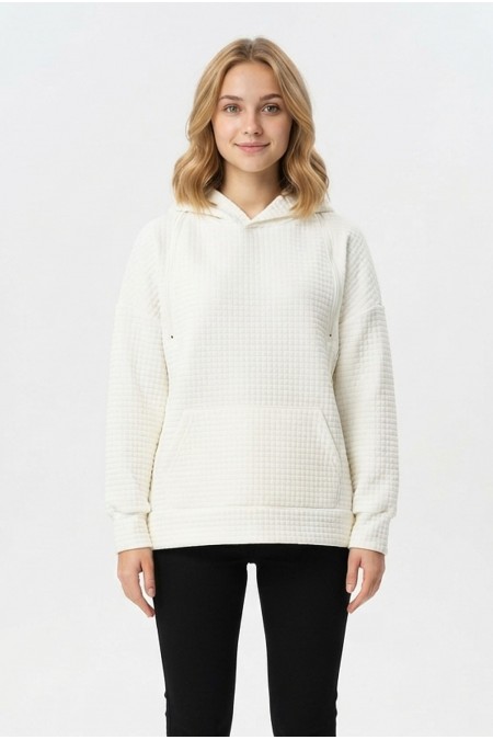 Kadın Kapüşonlu Kanguru Cepli Düşük Omuzlu Kare Desenli Kabartma Dokulu Sweatshirt