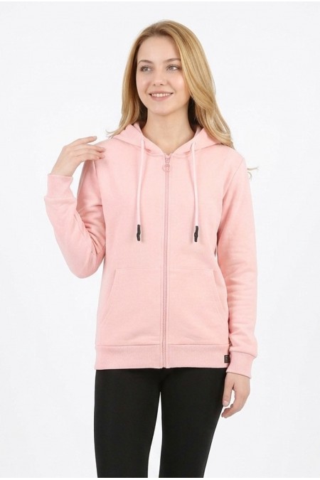 Kadın Üç İplik Şardonsuz Düz Kapüşonlu Fermuarlı Kanguru Cepli Günlük Sweatshirt