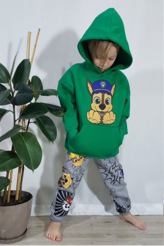 Üç İplik Şardonlu Kapşonlu Baskılı Yeşil Takım 