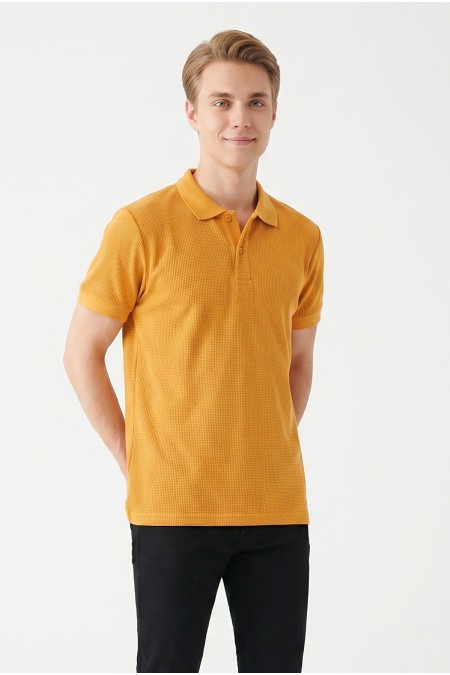 Erkek Kendinden Desenli Polo Yaka Kısa Kollu Slim Fit Dokulu Örme Tişört