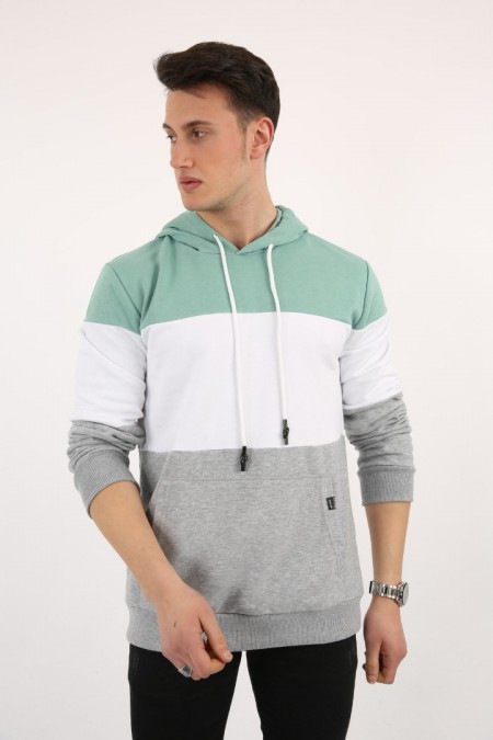 Üç Şardonlu Kapşonlu Parçalı Kanguru Cepli Erkek Günlük Sweatshirt