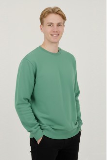 Erkek Yeşil Oversize Bisiklet Yaka Basic Pamuklu Üç İplik Şardonlu Sweatshirt