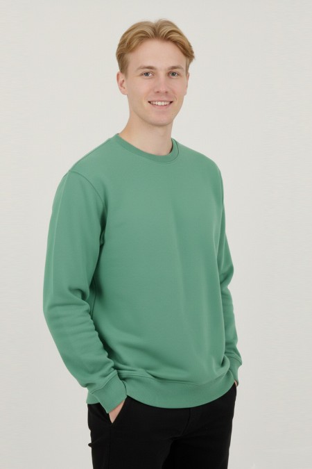 Erkek Yeşil Oversize Bisiklet Yaka Basic Pamuklu Üç İplik Şardonlu Sweatshirt