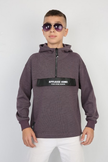 Yarım Fermuarlı Kapşonlu Baskılı Bordo Sweat