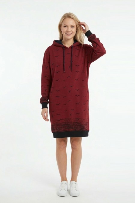 Kadın BordoMartı Desenli Kapüşonlu Cepli Uzun Kollu Jakarlı İnterlok Penye Sweatshirt Elbise 